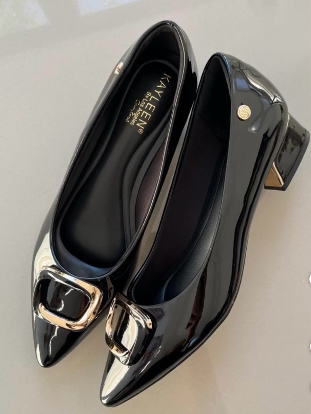 KAYLEEN Black Patent Pointed Toe Loafers with Gold Buckle Accent